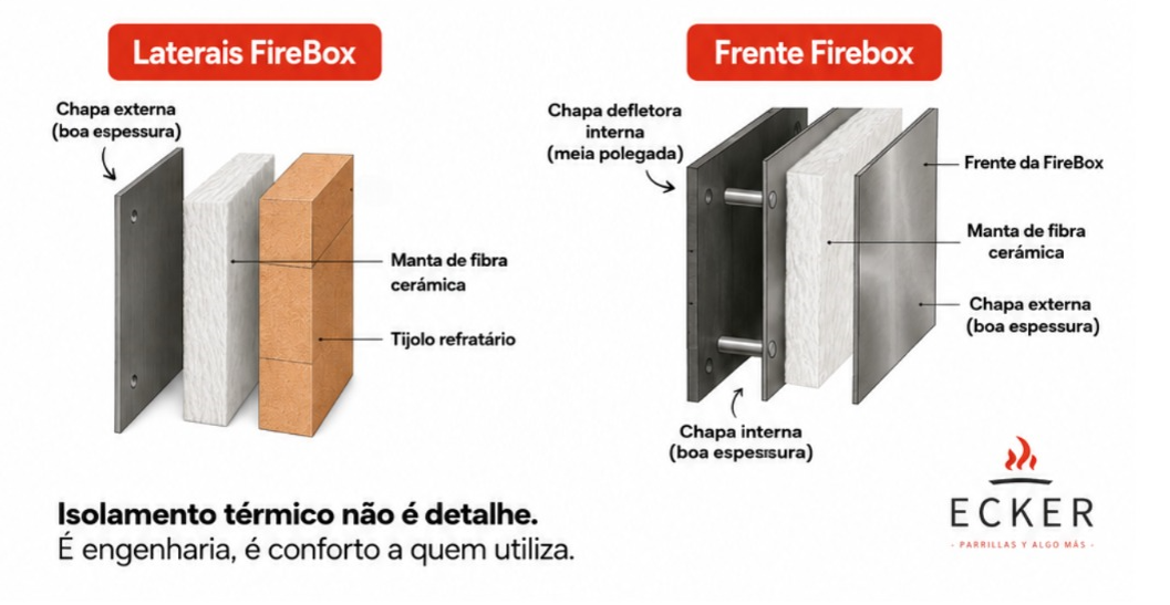 Camadas da FireBox: chapa externa, manta de fibra cerâmica e tijolo refratário